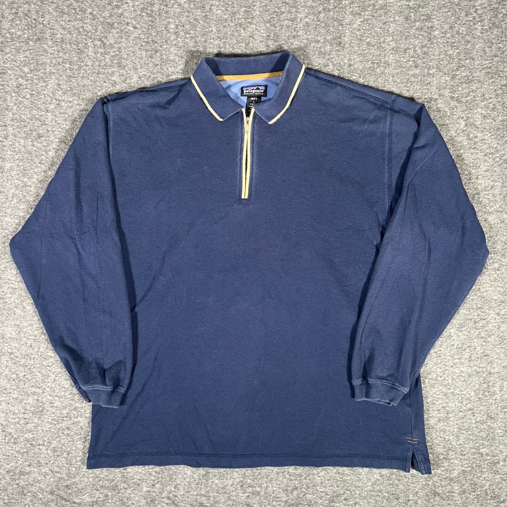 Vintage 1999 Patagonia Organic Cotton 1/4 Zip Long Sleeve Polo Shirt Navy Blue L